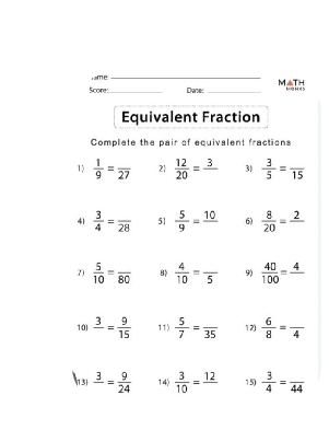 rame_ 
M△ TH 
Score_ Date:_ 
Equivalent Fraction 
Complete the pair of equivalent fractions 
1  1/9 =frac 27 2  12/20 =frac 3 3)  3/5 =frac 15
41  3/4 =frac 28 51  5/9 =frac 10 6)  8/20 =frac 2
7)  5/10 =frac 80  4/10 =frac 5 9)  40/100 =frac 4
10 frac 3= 9/15  11)  5/7 =frac 35 12)  6/8 =frac 4
13) frac 3= 9/24  14)  3/10 =frac 12 150  3/4 =frac 44