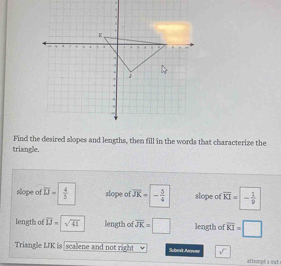 Find the desired slopes and lengths, then fill in the words that characterize the
triangle.
slope of overline IJ=  4/5  slope of overline JK=|- 5/4  slope of overline KI= - 1/9 
length of overline IJ= sqrt(41) length of overline JK=□ length of overline KI=□
Triangle IJK is scalene and not right Submit Answer sqrt() 
attempt 1 out