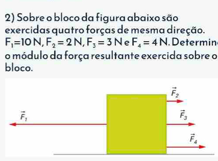 Sobre o bloco da figura abaixo são
exercidas quatro forças de mesma direção.
F_1=10N,F_2=2N,F_3=3N e F_4=4N. Determin
o módulo da força resultante exercida sobre o
bloco.