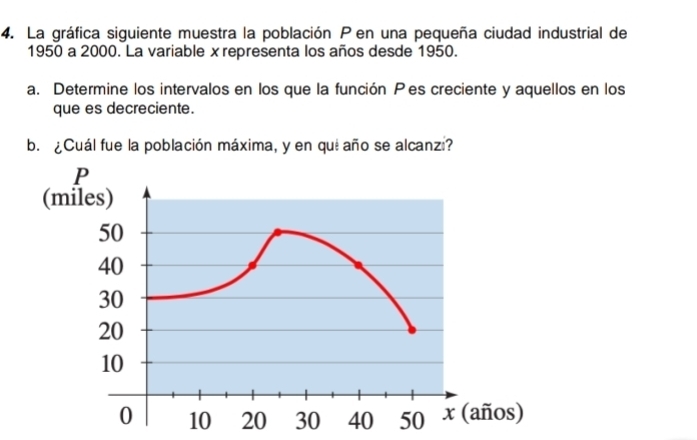 La gráfica siguiente muestra la población P en una pequeña ciudad industrial de
1950 a 2000. La variable xrepresenta los años desde 1950. 
a. Determine los intervalos en los que la función Pes creciente y aquellos en los 
que es decreciente. 
b. ¿Cuál fue la población máxima, y en qui año se alcanz? 
(m 
ños)