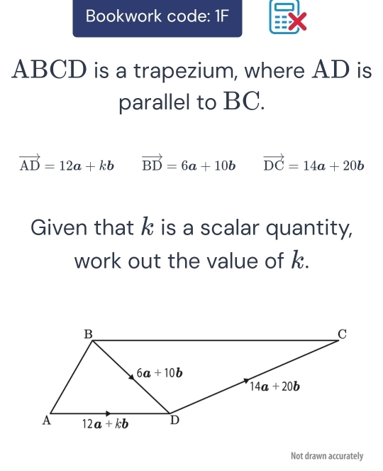 Bookwork code: 1F
ABCD is a trapezium, where AD is
parallel to BC.
vector AD=12a+kb vector BD=6a+10b vector DC=14a+20b
Given that k is a scalar quantity,
work out the value of k.
Not drawn accurately