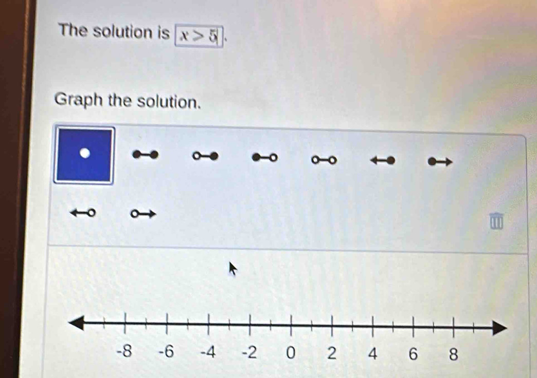 The solution is x>5 、 
Graph the solution. 
. 
。 
o 
。 。