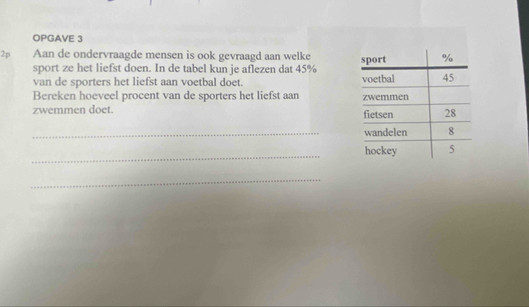 OPGAVE 3
2p Aan de ondervraagde mensen is ook gevraagd aan welke 
sport ze het liefst doen. In de tabel kun je aflezen dat 45%
van de sporters het liefst aan voetbal doet. 
Bereken hoeveel procent van de sporters het liefst aan 
zwemmen doet. 
_ 
_ 
_