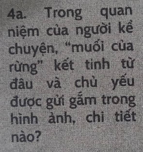 Trong quan 
niệm của người kể 
chuyện, “muối của 
rừng' kết tinh từ 
đâu và chù yếu 
được gửi gắm trong 
hình ảnh, chi tiết 
nào?