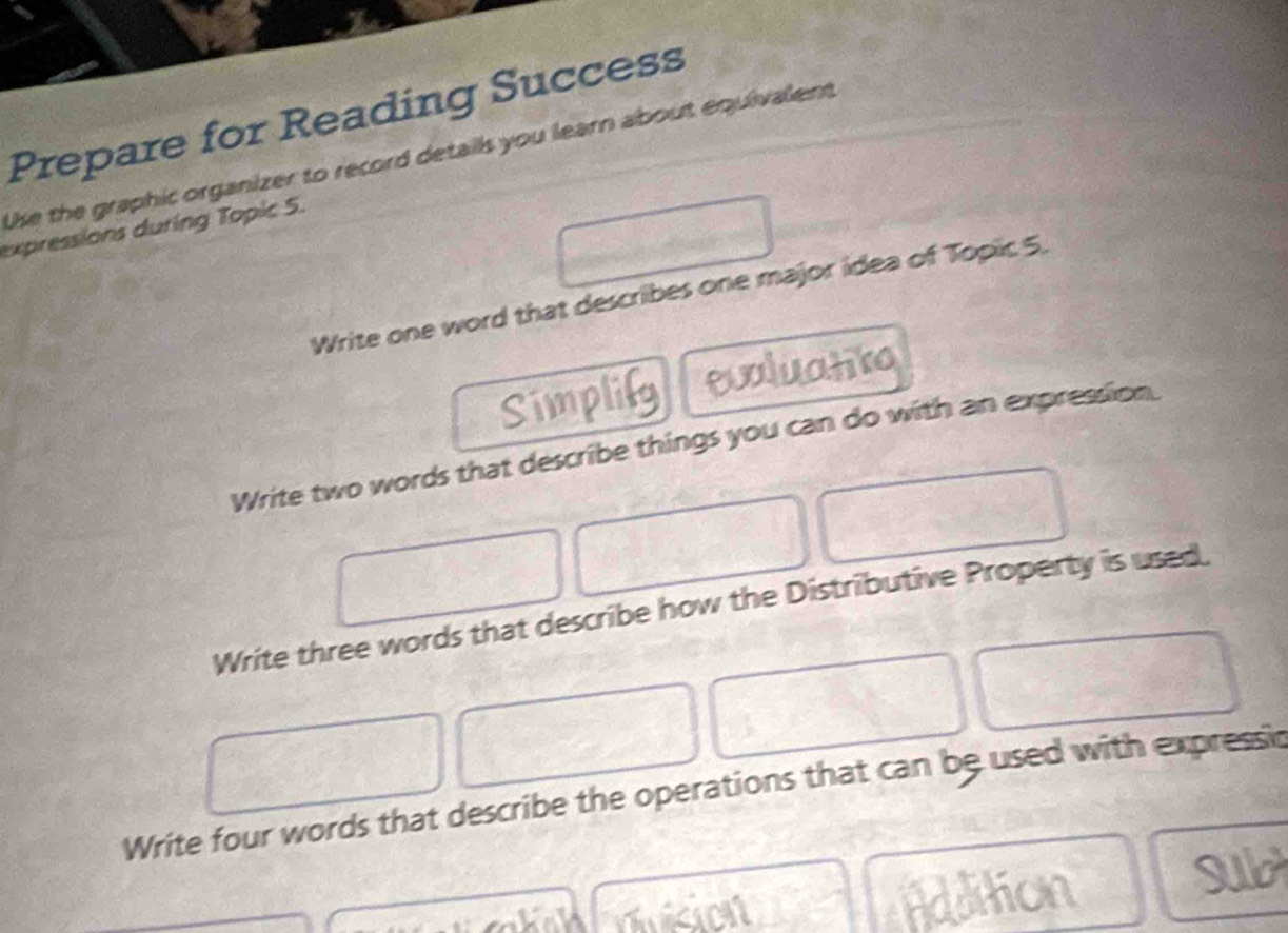 Prepare for Reading Success 
Use the graphic organizer to record details you learn about equivalent 
expressions during Topic 5. 
Write one word that describes one major idea of Topic 5. 
Simplily evaluatito 
Write two words that describe things you can do with an expression. 
Write three words that describe how the Distributive Property is used. 
Write four words that describe the operations that can be used with expressi 
a mukion Addition 
sub