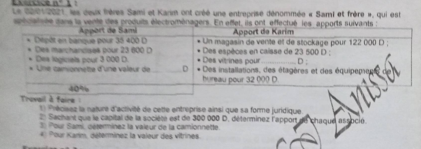 a°
Le 20/01 2021, les deux frères Sami et Karm ont créé une entreprise dénommée « Sami et frère », qui est 
spéciaisée dans la vente des produits électromén 
1 Précisez la nature d'activité de cette entreprise ainsi que sa forme juridique. 
2 Sachant que le capital de la société est de 300 000 D. déterminez l'apport du chaque associó. 
3 Pour Sami, déterminez la valeur de la camionnette. 
* Pour Karim, déterminez la valeur des vitrines.