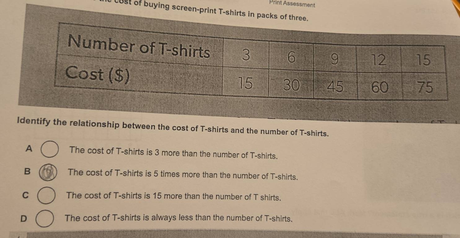 Print Assessment
t cust of buying screen-print T-shirts in packs of
Identify the relationship between the cost of T-shirts and the number of T-shirts.
A The cost of T-shirts is 3 more than the number of T-shirts.
B The cost of T-shirts is 5 times more than the number of T-shirts.
C The cost of T-shirts is 15 more than the number of T shirts.
D The cost of T-shirts is always less than the number of T-shirts.