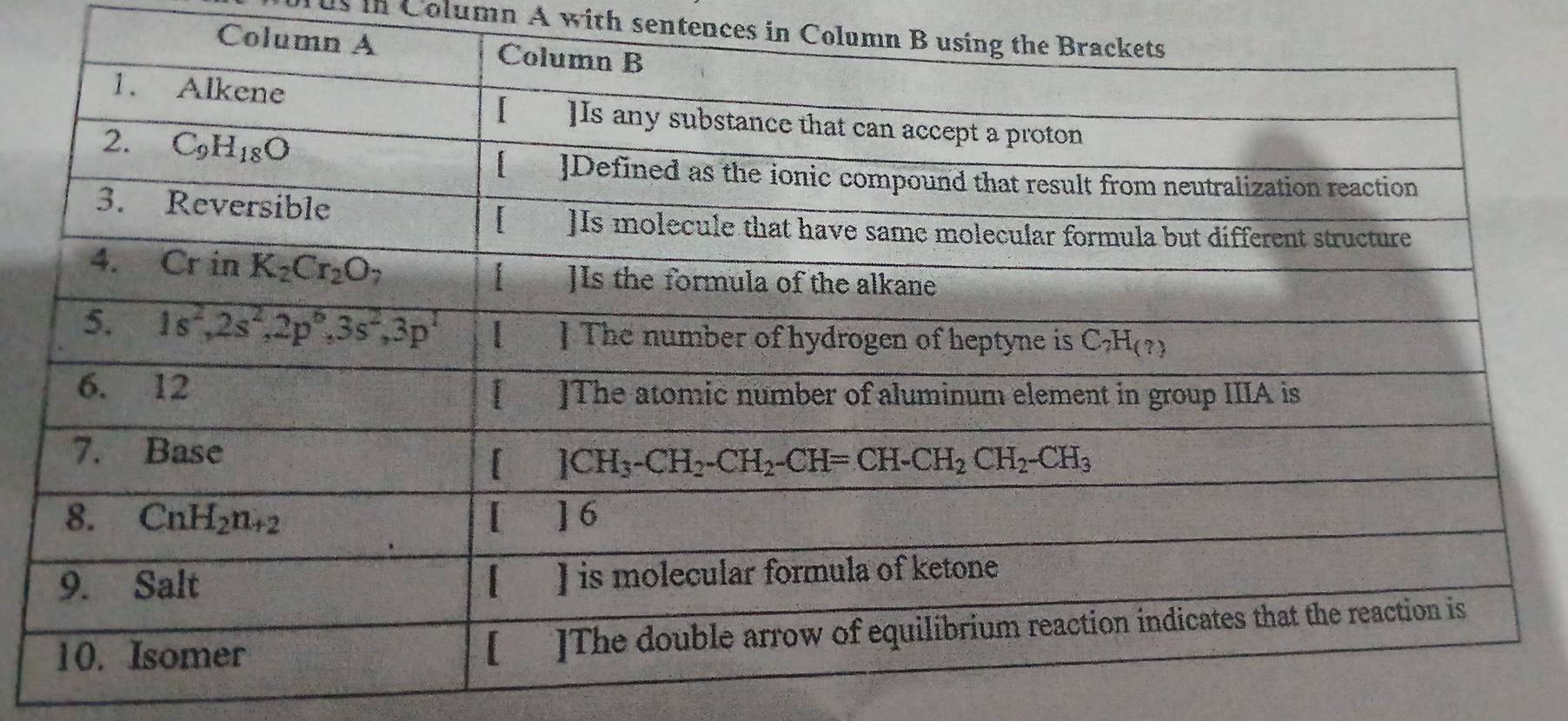 lus in Column A with sentences in Colu
Co