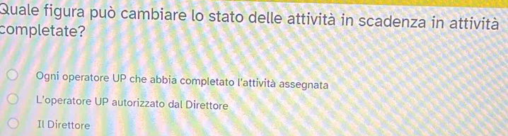 Quale figura può cambiare lo stato delle attività in scadenza in attività
completate?
Ogni operatore UP che abbia completato l'attività assegnata
L'operatore UP autorizzato dal Direttore
Il Direttore