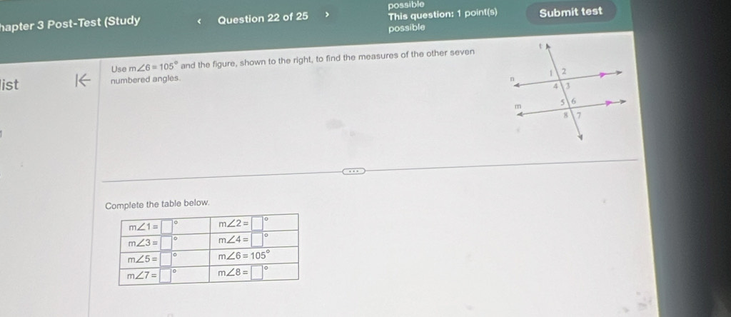 possible
hapter 3 Post-Test (Study Question 22 of 25 This question: 1 point(s) Submit test
possible
Use m∠ 6=105° and the figure, shown to the right, to find the measures of the other seven
list numbered angles. 
Complete the table below.