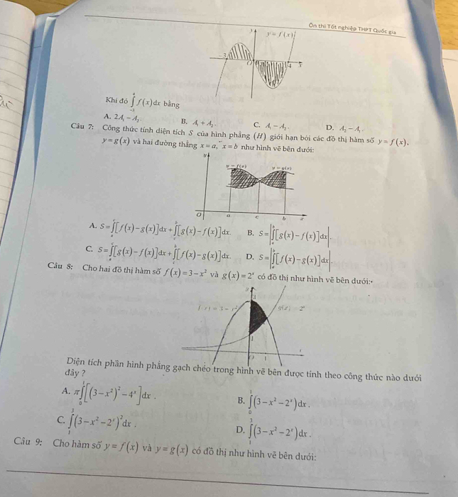 thị Tốt nghiệp THPT Quốc gia
Khi đó ∈tlimits _(-1)^4f(x)dx bằng
A. 2A_1-A_2. B. A_1+A_2. C. A_1-A_2. D. A_2-A_1.
Câu 7: Công thức tính diện tích S của hình phẳng (H) giới hạn bói các đồ thị hàm số y=f(x).
y=g(x) và hai đường thẳng x=a,x=b như hình vẽ bên dưới:
-f(x) y=g(x)
α D r
A. S=∈tlimits [f(x)-g(x)]dx+∈tlimits [g(x)-f(x)]dx. B. S=∈t _a^(b[g(x)-f(x)]dx|.
C. S=∈tlimits [g(x)-f(x)]dx+∈tlimits [f(x)-g(x)]dx. D. S=∈t _a^b[f(x)-g(x)]dx|.
Câu 8: Cho hai đồ thị hàm số f(x)=3-x^2) và g(x)=2^x có đồ thị như hình vẽ bên dưới:-
Diện tích phần hình phẳnhình vẽ bên được tính theo công thức nào dưới
đây ?
A. π ∈tlimits _0^(1[(3-x^2))^2-4^x]dx.
B. ∈tlimits _0^(1(3-x^2)-2^x)dx.
C. ∈tlimits _1^(3(3-x^2)-2^x)^2dx.
D. ∈tlimits (3-x^2-2^x)dx.
Câu 9: Cho hàm số y=f(x) và y=g(x) có đồ thị như hình vẽ bên dưới: