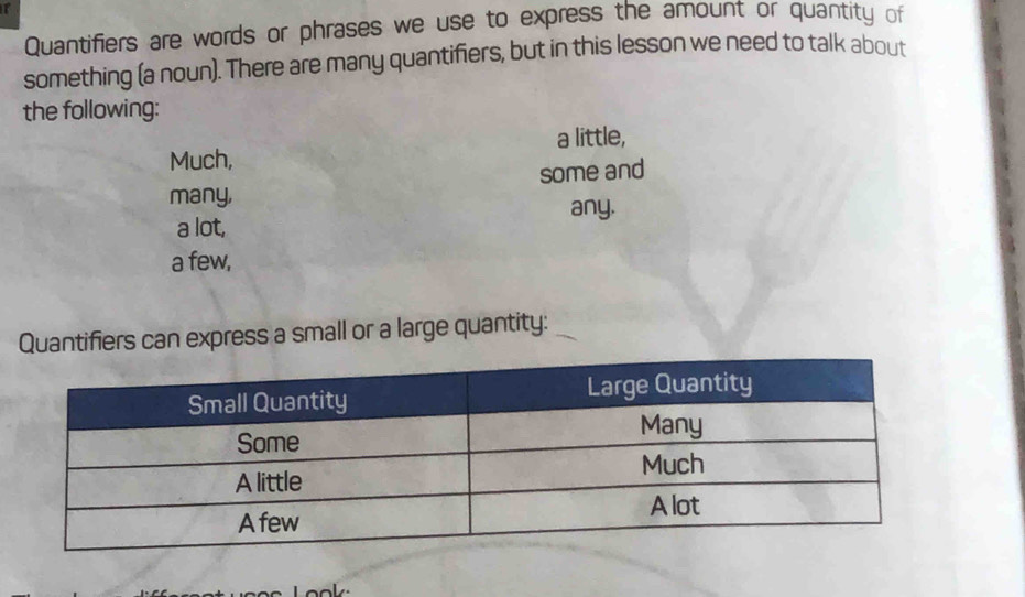 Quantifiers are words or phrases we use to express the amount or quantity of
something (a noun). There are many quantifiers, but in this lesson we need to talk about
the following:
a little,
Much,
many, some and
any.
a lot,
a few,
Quantifiers can express a small or a large quantity: