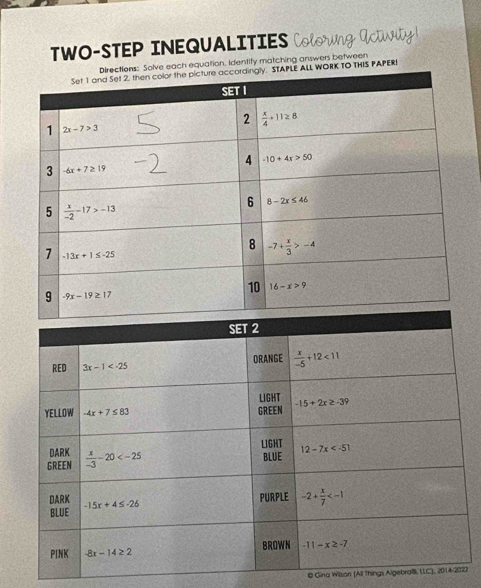 TWO-STEP INEQUALITIES Colorng Utwaty!
ation. Identify matching answers between
S PAPER!
@ Gina Wilson (All Thi2