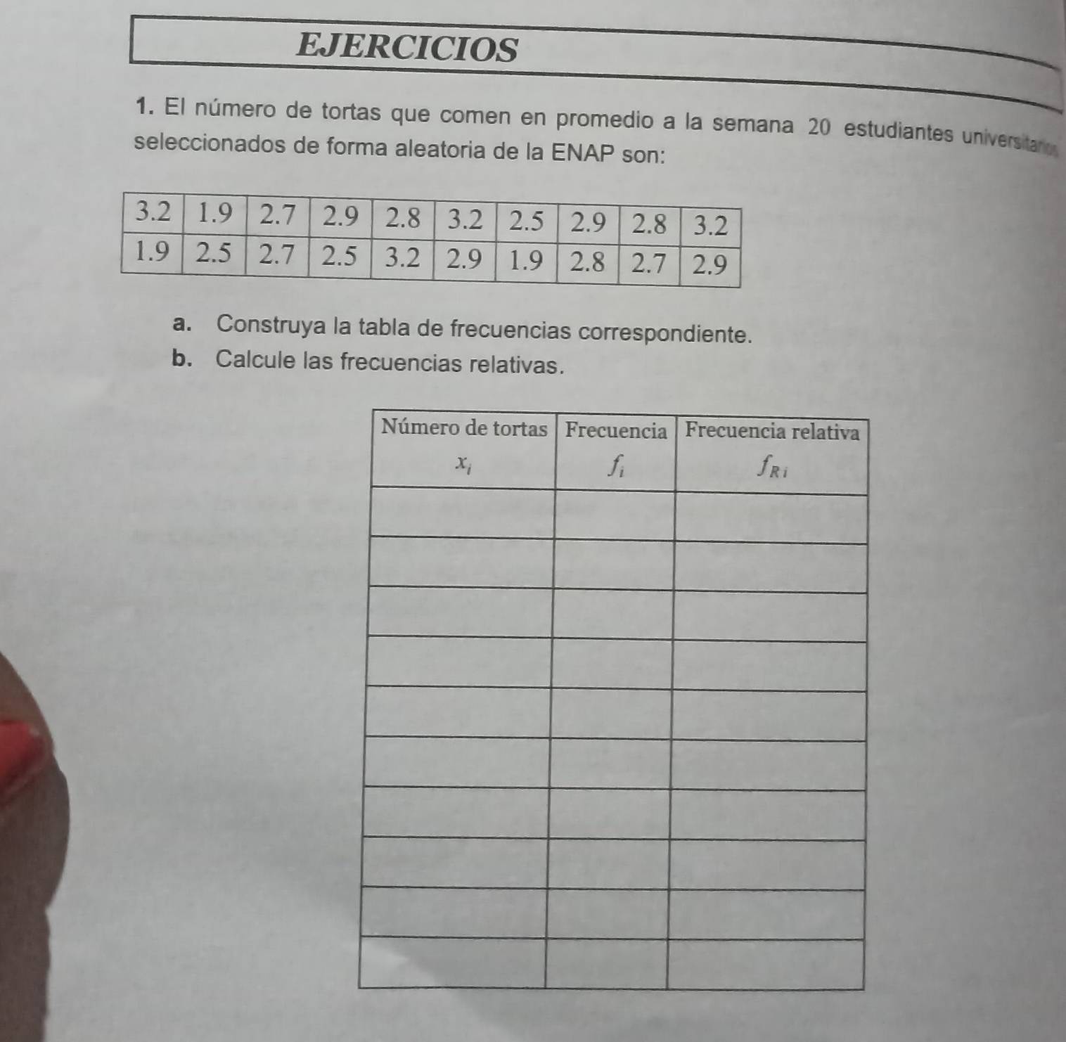 EJERCICIOS
1. El número de tortas que comen en promedio a la semana 20 estudiantes universitaro
seleccionados de forma aleatoria de la ENAP son:
a. Construya la tabla de frecuencias correspondiente.
b. Calcule las frecuencias relativas.