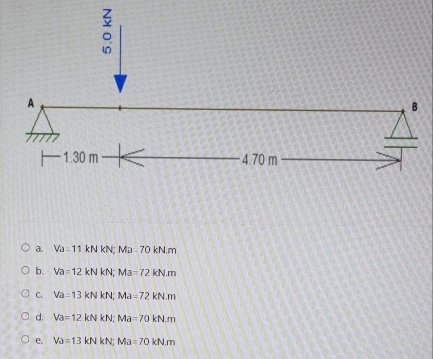 a. Va=11kNkN; Ma=70kN.m
b. Va=12kNkN; Ma=72kN.m
C. Va=13kNkN; Ma=72kN.m
d. Va=12kNkN; Ma=70kN· m
e. Va=13kNkN; Ma=70kN.m