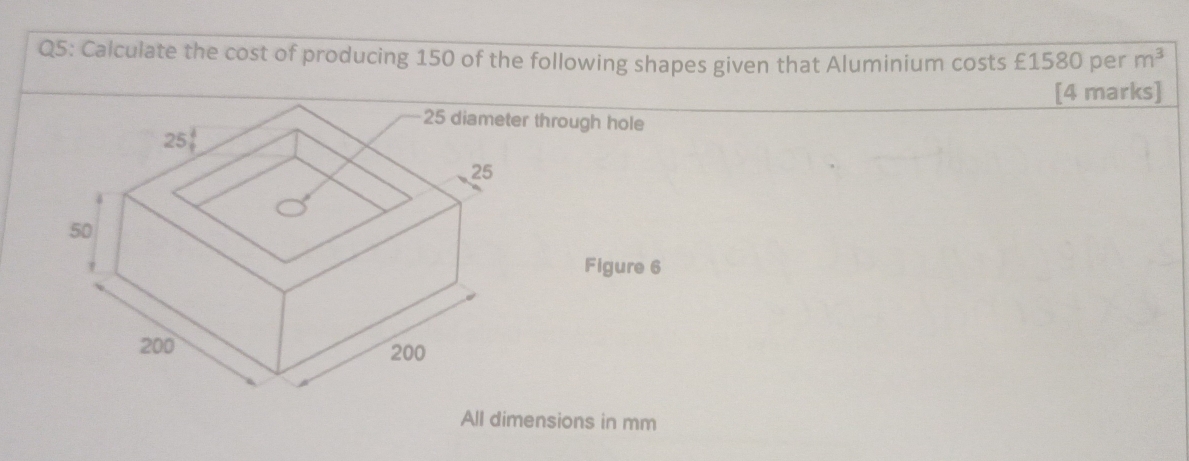 Calculate the cost of producing 150 of the following shapes given that Aluminium costs £1580 per m^3
[4 marks]
through hole
Figure 6
All dimensions in mm