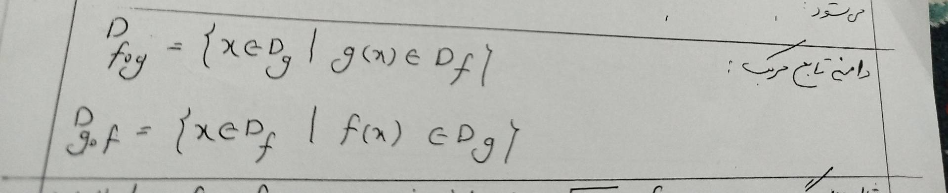 D_foy= x∈ D_g|g(x)∈ D_f
D_g.f= x∈ D_f|f(x)∈ D_g