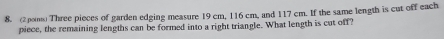 (2 pons) Three pieces of garden edging measure 19 cm, 116 cm, and 117 cm. If the same length is cut off each 
piece, the remaining lengths can be formed into a right triangle. What length is cut off?