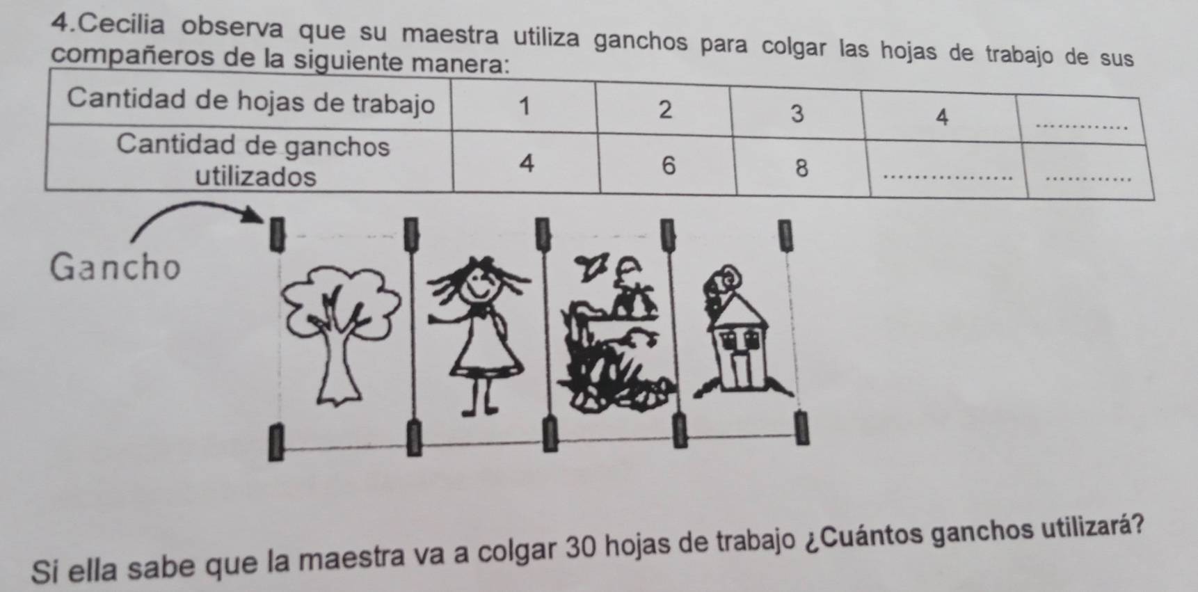 Cecilia observa que su maestra utiliza ganchos para colgar las hojas de trabajo de sus 
compañeros de la siguiente man 
Si ella sabe que la maestra va a colgar 30 hojas de trabajo ¿Cuántos ganchos utilizará?