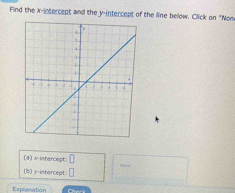 Find the x-intercept and the y-intercept of the line below. Click on "Non 
(a) x-intercept: □ 
None 
(b) y-intercept: □ 
Explanation Check