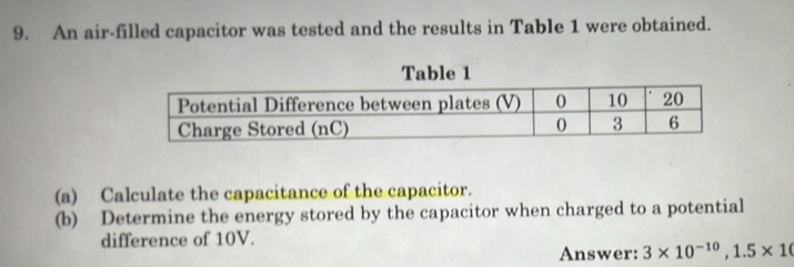 An air-filled capacitor was tested and the results in Table 1 were obtained. 
(a) Calculate the capacitance of the capacitor. 
(b) Determine the energy stored by the capacitor when charged to a potential 
difference of 10V. 
Answer: 3* 10^(-10), 1.5* 1