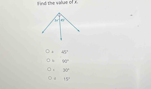 Find the value of x.
a 45°
b 90°
C 30°
d 15°