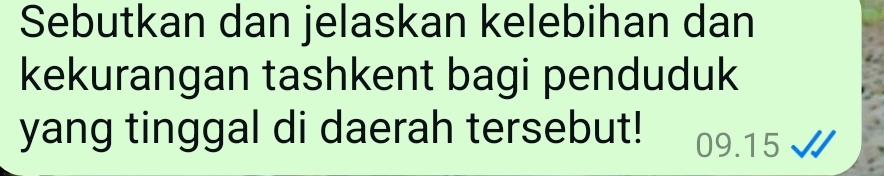 Sebutkan dan jelaskan kelebihan dan 
kekurangan tashkent bagi penduduk 
yang tinggal di daerah tersebut! 09.15