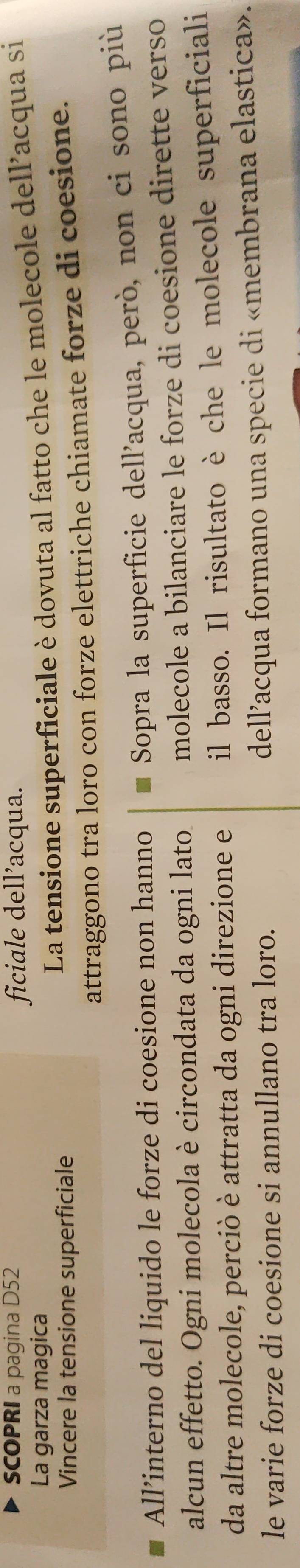 SCOPRI a pagina D52 ficiale dell’acqua. 
La garza magica 
Vincere la tensione superficiale La tensione superficiale è dovuta al fatto che le molecole dell’acqua si 
attraggono tra loro con forze elettriche chiamate forze di coesione. 
All’interno del liquido le forze di coesione non hanno Sopra la superficie dell’acqua, però, non ci sono più 
alcun effetto. Ogni molecola è circondata da ogni lato molecole a bilanciare le forze di coesione dirette verso 
da altre molecole, perciò è attratta da ogni direzione e il basso. Il risultato è che le molecole superficiali 
le varie forze di coesione si annullano tra loro. 
dell’acqua formano una specie di «membrana elastica».