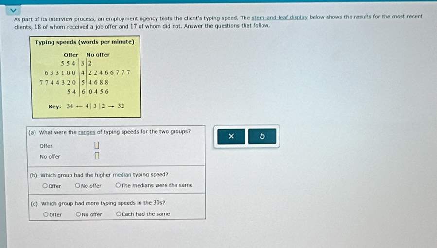 As part of its interview process, an employment agency tests the client's typing speed. The stem-and-leaf display below shows the results for the most recent
clients, 18 of whom received a job offer and 17 of whom did not. Answer the questions that follow.
Typing speeds (words per minute)
Offer No offer
5 5 4 3 2
6 3 3 1 0 0 4 2 2 4 6 6 7 7 7
7 7 4 4 3 2 0 5 4 6 8 8
5 4 6 0 4 5 6
Key: 34 ← 4| 3 | 2 32
(a) What were the ranges of typing speeds for the two groups? ×
Offer
No offer
(b) Which group had the higher median typing speed?
○Offer ○No offer OThe medians were the same
(c) Which group had more typing speeds in the 30s?
○ Offer ○No offer ○Each had the same