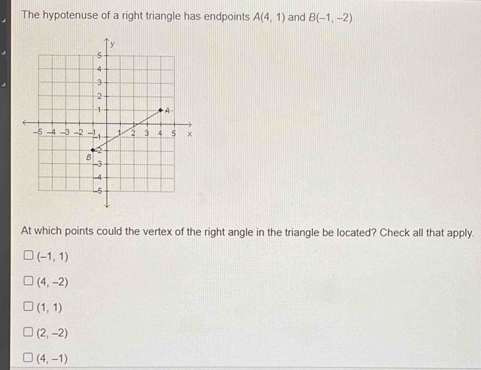 The hypotenuse of a right triangle has endpoints A(4,1) and B(-1,-2). 
At which points could the vertex of the right angle in the triangle be located? Check all that apply.
(-1,1)
(4,-2)
(1,1)
(2,-2)
(4,-1)