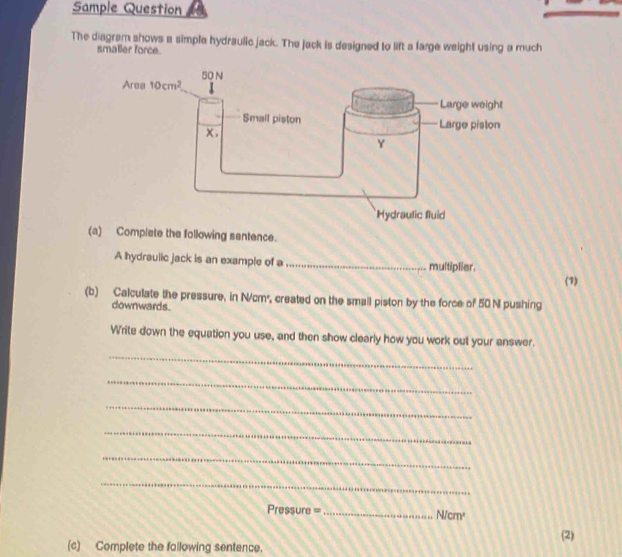 Solved: Sample Question The diagram shows a simple hydraulic jack. The ...