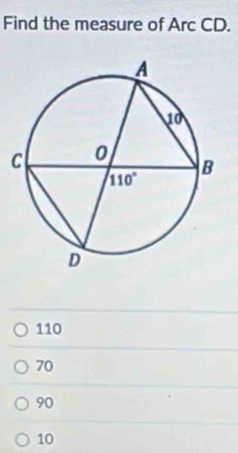 Find the measure of Arc CD.
110
70
90
10