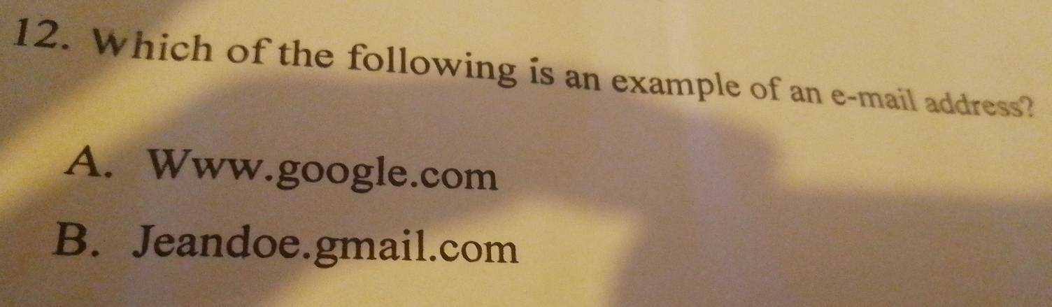 Solved: Which of the following is an example of an e-mail address? A ...