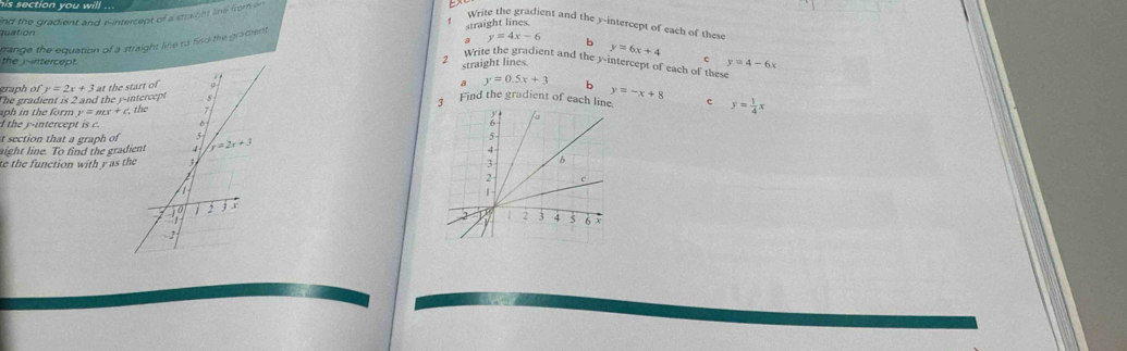 nd the gradient and r-intercept of a ctraifht line from e
Write the gradient and the y-intercept of each of these
ange the equation of a straight line to find the grament straight lines
quation y=4x-6 b y=6x+4
a
Write the gradient and the y-intercept of each of these
the j-intercept.2 straight lines. y=4-6x
graph of y=2x+3
The gradient is 2 and the y-at the s
a y=0.5x+3 b
aph in the form . r=mx+c.
3 Find the gradient of each line y=-x+8 c y= 1/4 x
f the y-intercept is c.
t section that a graph of 
ight line. To find the grad
te the function with y as th