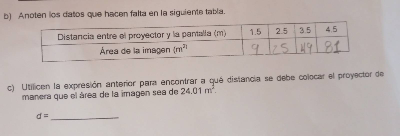 Anoten los datos que hacen falta en la siguiente tabla.
c) Utilicen la expresión anterior para encontrar a qué distancia se debe colocar el proyector de
manera que el área de la imagen sea de 24.01m^2.
_ d=