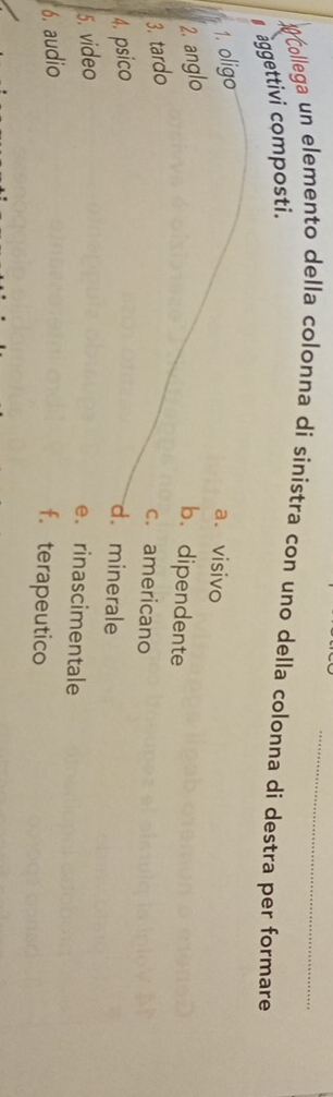 Collega un elemento della colonna di sinistra con uno della colonna di destra per formare
aggettivi composti.
1. oligo
a. visivo
2. anglo
b. dipendente
3. tardo
c. americano
4. psico d. minerale
5. video
e. rinascimentale
6. audio
f. terapeutico