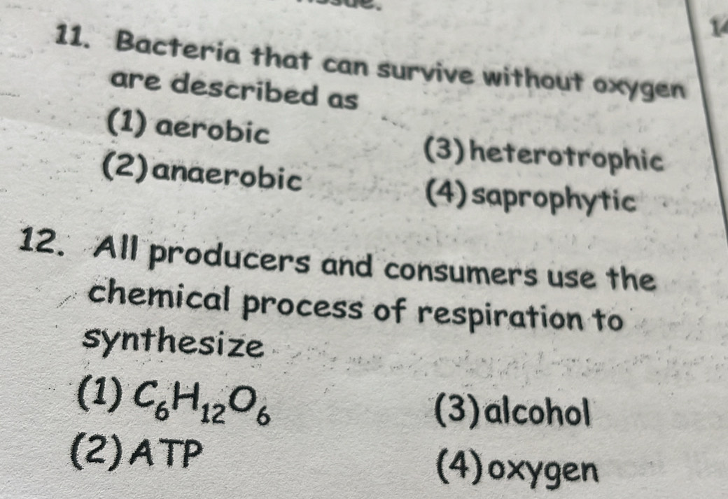 Bacteria that can survive without oxygen
are described as
(1) aerobic
(3)heterotrophic
(2)anaerobic
(4)saprophytic
12. All producers and consumers use the
chemical process of respiration to
synthesize
(1) C_6H_12O_6
(3)alcohol
(2)ATP (4)oxygen