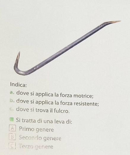 Indica:
a. dove si applica la forza motrice;
b. dove si applica la forza resistente;
c dove si trova il fulcro.
Si tratta di una leva di:
A Primo genere
B Secondo genere
CJ Terzo genere