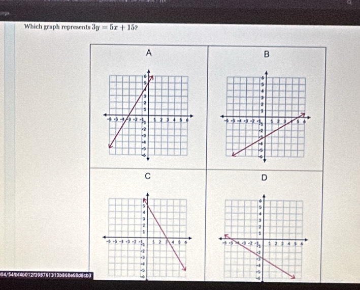 Which graph represents 3y=5x+15 ? 
A 
B 


C 
D

04/5