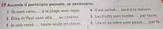 Accorda il participio passato, se necessario. 
1 Ils sont venu _à la plage avec nous. 4 Il est arrivé_ tard à la maison. 
2 Élise et Paul sont allé_ au cinéma. 5 Les fruits sont tombé _par terre. 
3 Je suis resté_ toute seule en classe. 6 Léa et sa mère sont passé _par là.