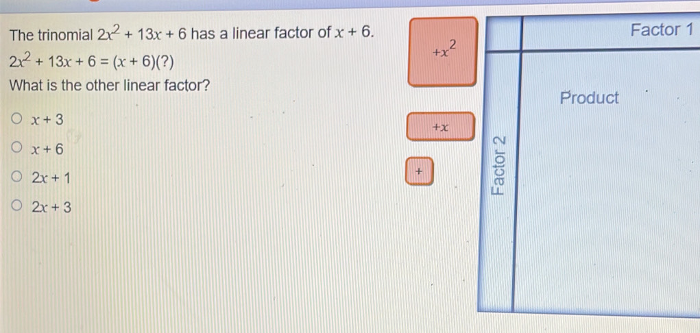 The trinomial 2x^2+13x+6 has a linear factor of x+6. 1
+x^2
2x^2+13x+6=(x+6)(?)
What is the other linear factor?
x+3
+x
x+6
2x+1
+
2x+3