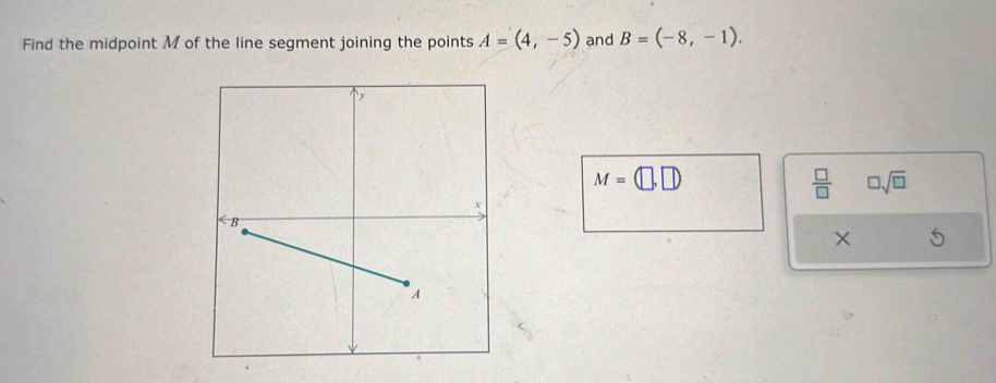 Find the midpoint M of the line segment joining the points A=(4,-5) and B=(-8,-1).
M=(□ ,□ )
 □ /□   □ sqrt(□ )
×