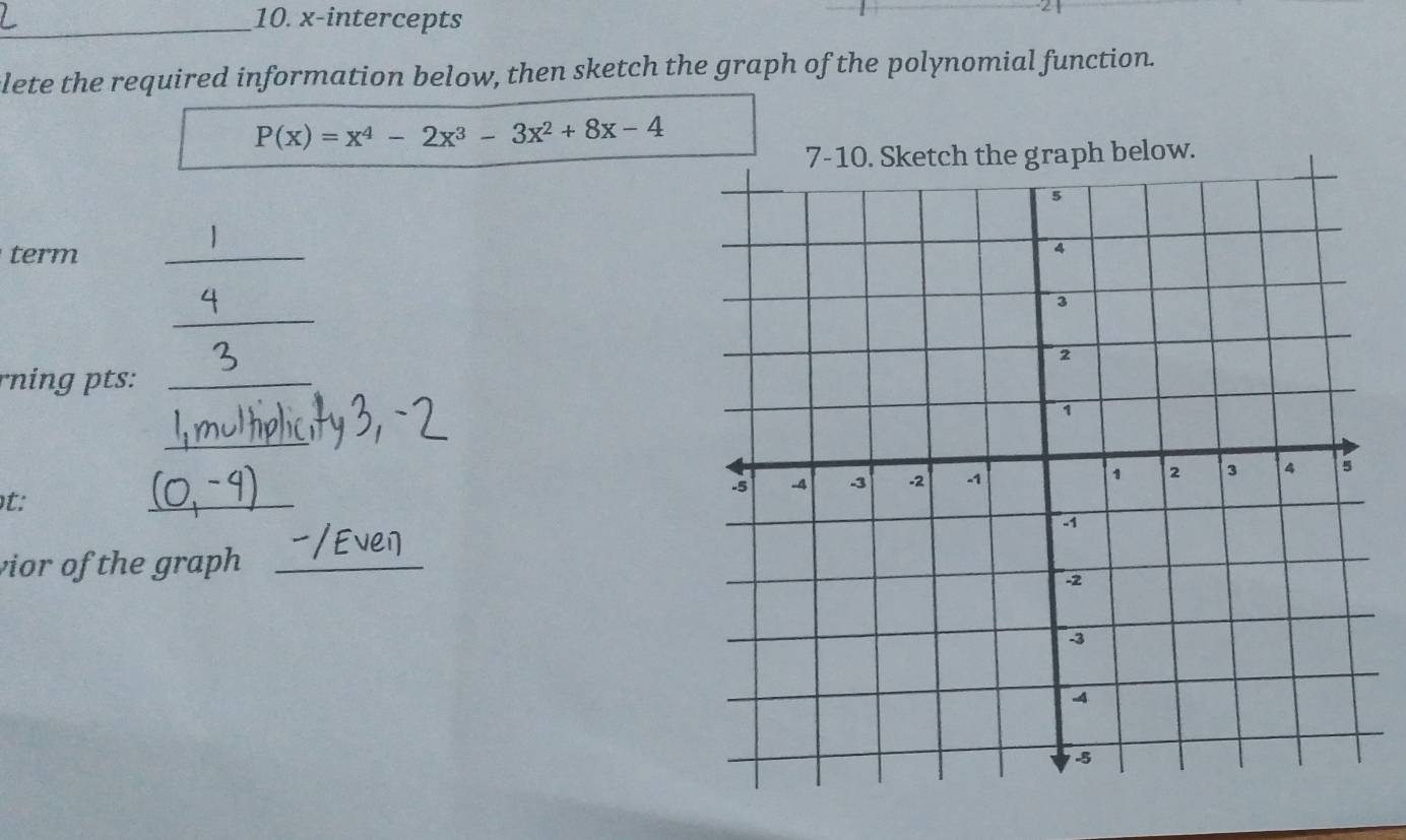 x-intercepts 
clete the required information below, then sketch the graph of the polynomial function.
P(x)=x^4-2x^3-3x^2+8x-4
ow. 
term 
_ 
_ 
rning pts:_ 
_ 
t: 
_ 
vior of the graph_