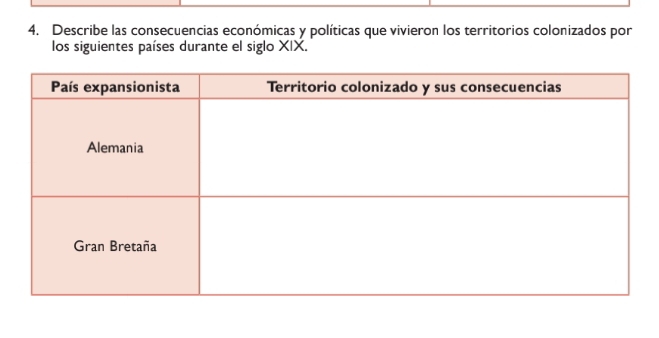 Describe las consecuencias económicas y políticas que vivieron los territorios colonizados por 
los siguientes países durante el siglo XIX.