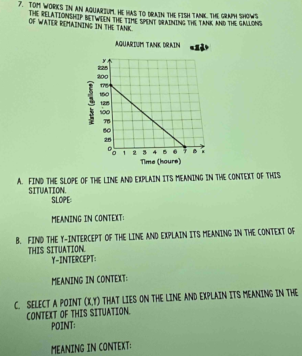 TOM WORKS IN AN AQUARIUM. HE HAS TO DRAIN THE FISH TANK. THE GRAPH SHOWS 
THE RELATIONSHIP BETWEEN THE TIME SPENT DRAINING THE TANK AND THE GALLONS
OF WATER REMAINING IN THE TANK. 
AQUARIUM TANK DRAIN 
3 
Time (hours) 
A. FIND THE SLOPE OF THE LINE AND EXPLAIN ITS MEANING IN THE CONTEXT OF THIS 
SITUATION. 
SLOPE: 
MEANING IN CONTEXT: 
B. FIND THE Y-INTERCEPT OF THE LINE AND EXPLAIN ITS MEANING IN THE CONTEXT OF 
THIS SITUATION. 
Y-INTERCEPT: 
MEANING IN CONTEXT: 
C. SELECT A POINT (X, Y) THAT LIES ON THE LINE AND EXPLAIN ITS MEANING IN THE 
CONTEXT OF THIS SITUATION. 
POINT: 
MEANING IN CONTEXT: