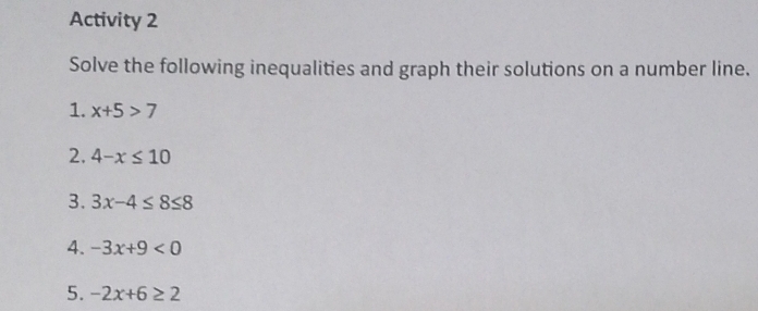 Activity 2 
Solve the following inequalities and graph their solutions on a number line. 
1. x+5>7
2. 4-x≤ 10
3. 3x-4≤ 8≤ 8
4. -3x+9<0</tex> 
5. -2x+6≥ 2