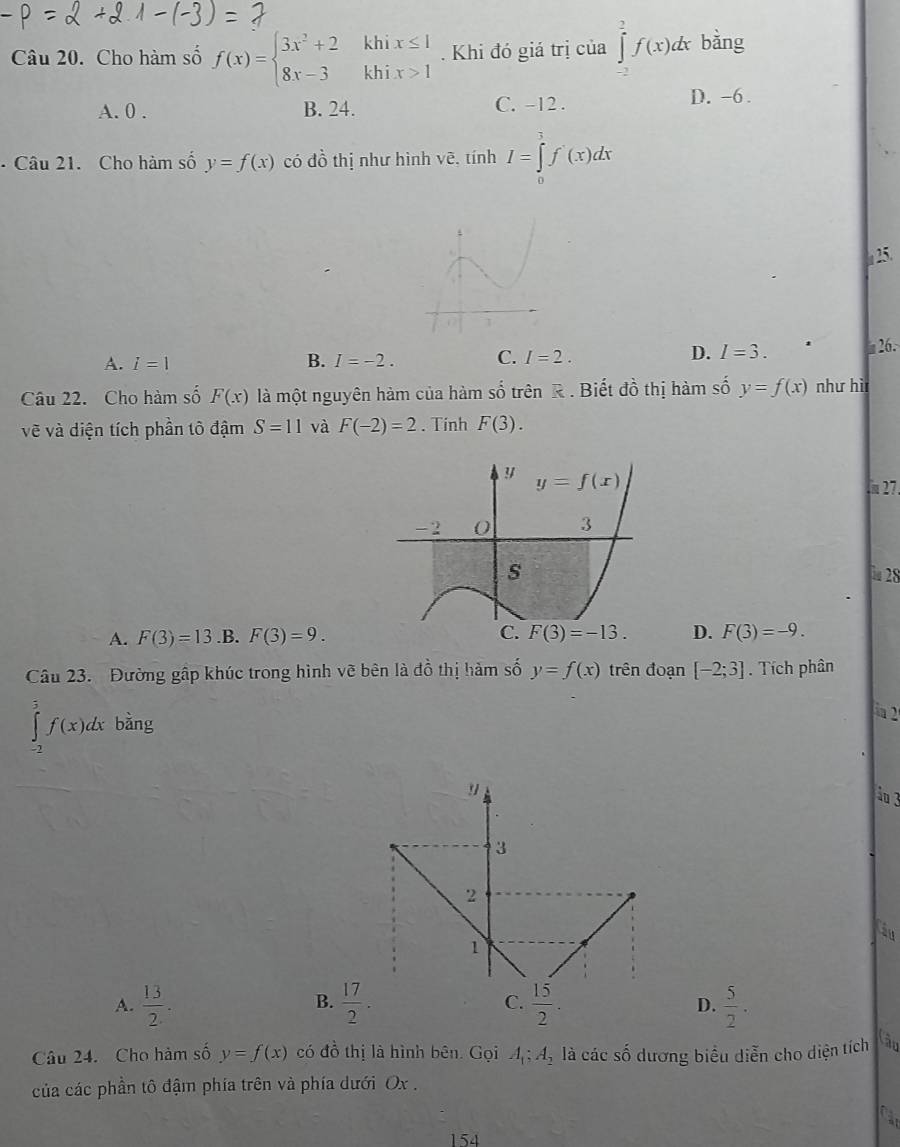 Cho hàm số f(x)=beginarrayl 3x^2+2khix≤ 1 8x-3khix>1endarray.. Khi đó giá trị của ∈tlimits _2^(2f(x)dx bằng
A. 0 . B. 24. C. -12 . D. -6.
- Câu 21. Cho hàm số y=f(x) có đồ thị như hình vẽ, tính I=∈tlimits _0^1f'(x)dx
6 25
D. I=3.
A. I=1 B. I=-2. C. I=2. 26.
Câu 22. Cho hàm số F(x) là một nguyên hàm của hàm số trên R . Biết đồ thị hàm số y=f(x) như hì
vẽ và diện tích phần tô đậm S=11 và F(-2)=2. Tính F(3).
27.
u 28
A. F(3)=13 .B. F(3)=9. D. F(3)=-9.
Câu 23.  Đường gấp khúc trong hình vẽ bên là đồ thị hàm số y=f(x) trên đoạn [-2;3]. Tích phân
∈tlimits _(-2)^1f(x)dx bàng
in 2
"
àu 3
3
2
Ấu
1
B.
A. frac 13)2.  17/2 . C.  15/2 .  5/2 .
D.
Câu 24. Cho hàm số y=f(x) có đồ thị là hình bên. Gọi A_1;A_2 là các số dương biểu diễn cho diện tích Cào
của các phần tô đậm phía trên và phía dưới Ox .
154