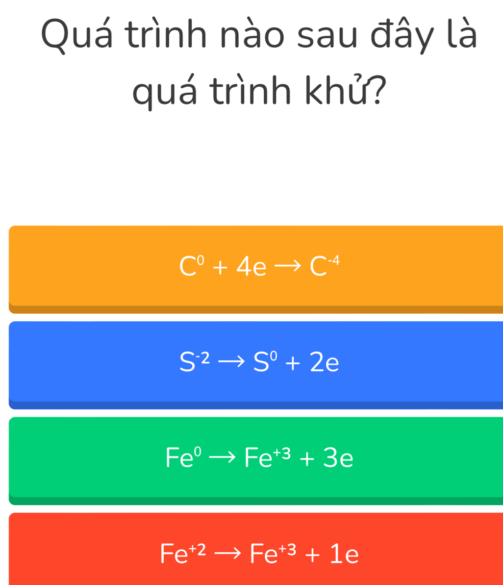 Quá trình nào sau đây là
quá trình khủ?
C^0+4e _  C^(-4)
S^(-2) S^0+2e
Fe^0to Fe^(+3)+3e
Fe^(+2)to Fe^(+3)+1e