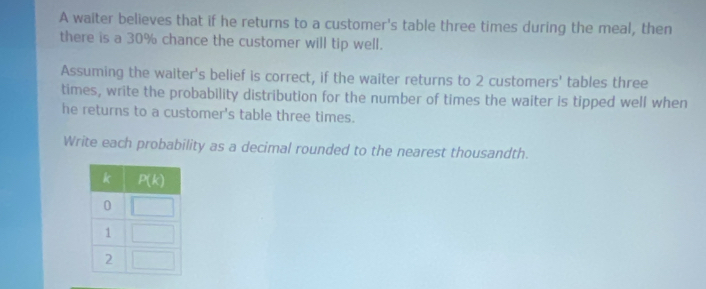 A waiter believes that if he returns to a customer's table three times during the meal, then
there is a 30% chance the customer will tip well.
Assuming the waiter's belief is correct, if the waiter returns to 2 customers' tables three
times, write the probability distribution for the number of times the waiter is tipped well when
he returns to a customer's table three times.
Write each probability as a decimal rounded to the nearest thousandth.