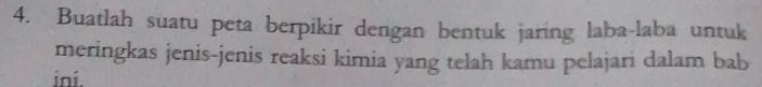 Buatlah suatu peta berpikir dengan bentuk jaring laba-laba untuk 
meringkas jenis-jenis reaksi kimia yang telah kamu pelajari dalam bab 
ini.